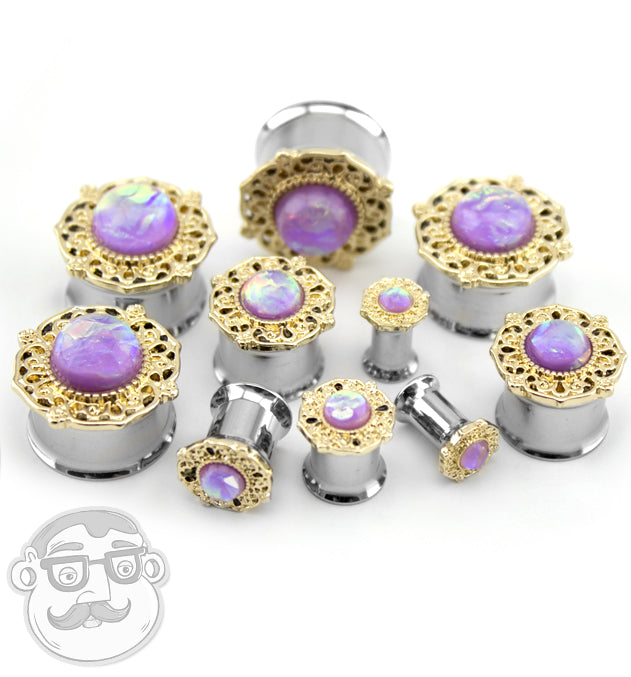 Golden Ornate With Pink Opalite Dome Steel Plugs