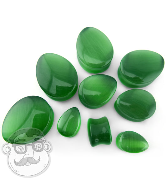 Green Cat's Eye Glass Teardrop Plugs