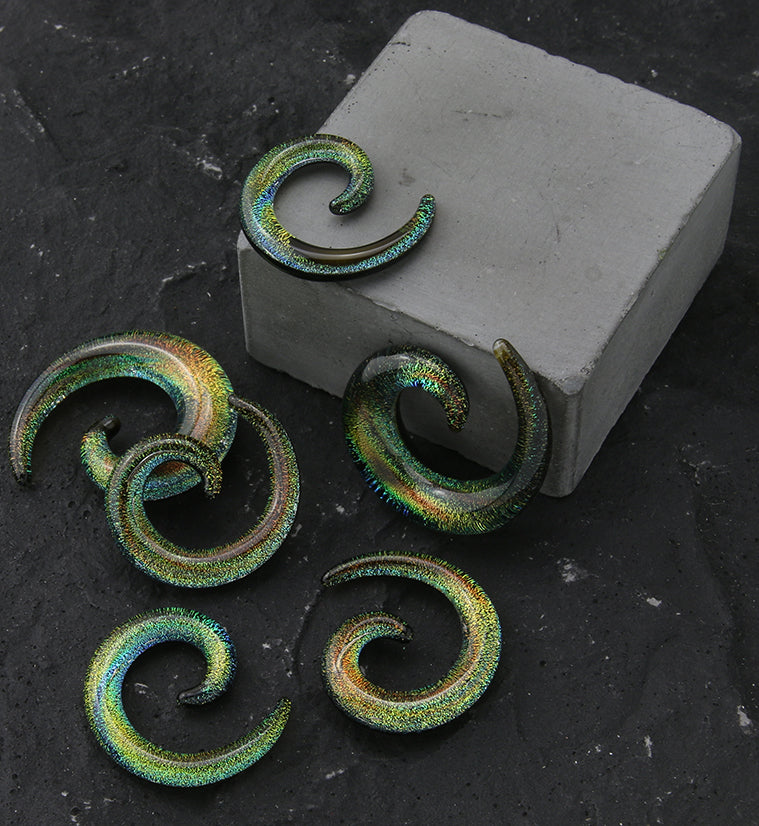 Golden Green Dichroic Glass Spirals