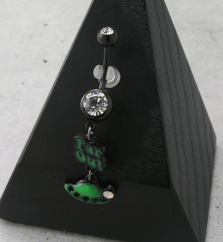 Green Far Out Spaceship CZ Dangle Black PVD Belly Button Ring