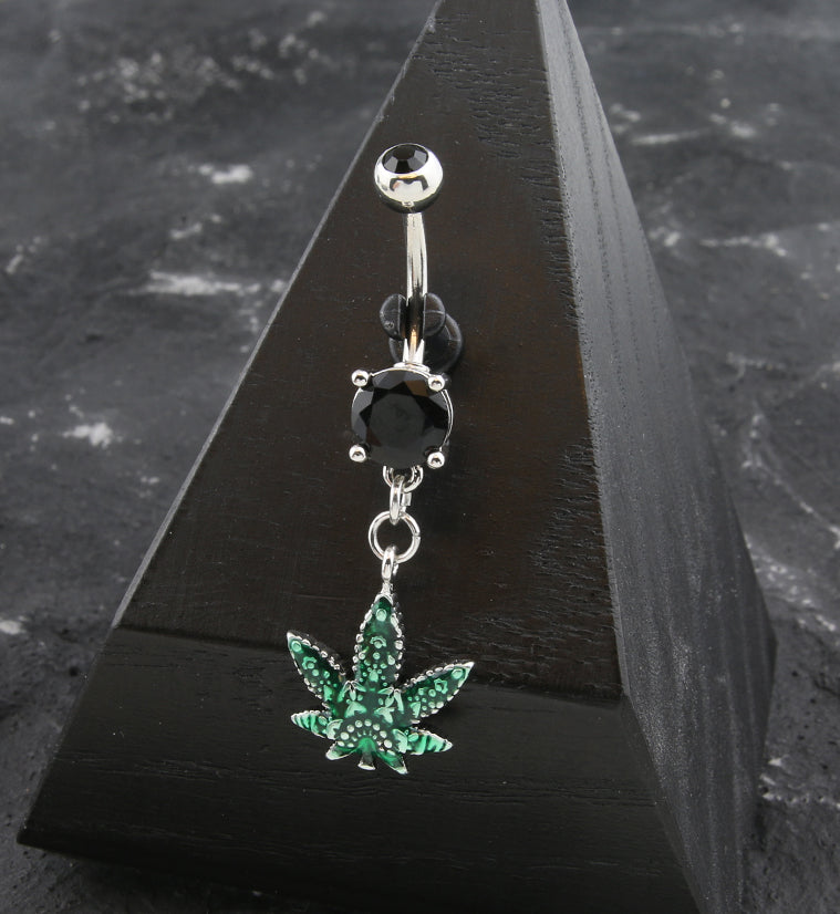 Green Hemp Leaf Black CZ Belly Button Ring