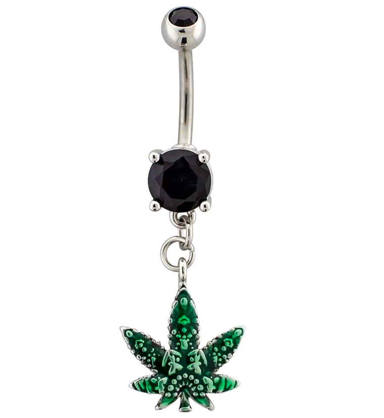 Green Hemp Leaf Black CZ Belly Button Ring