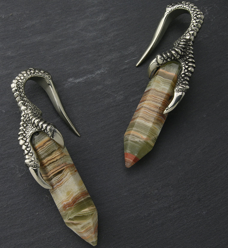 Green Onyx Stone Talon White Brass Ear Weights