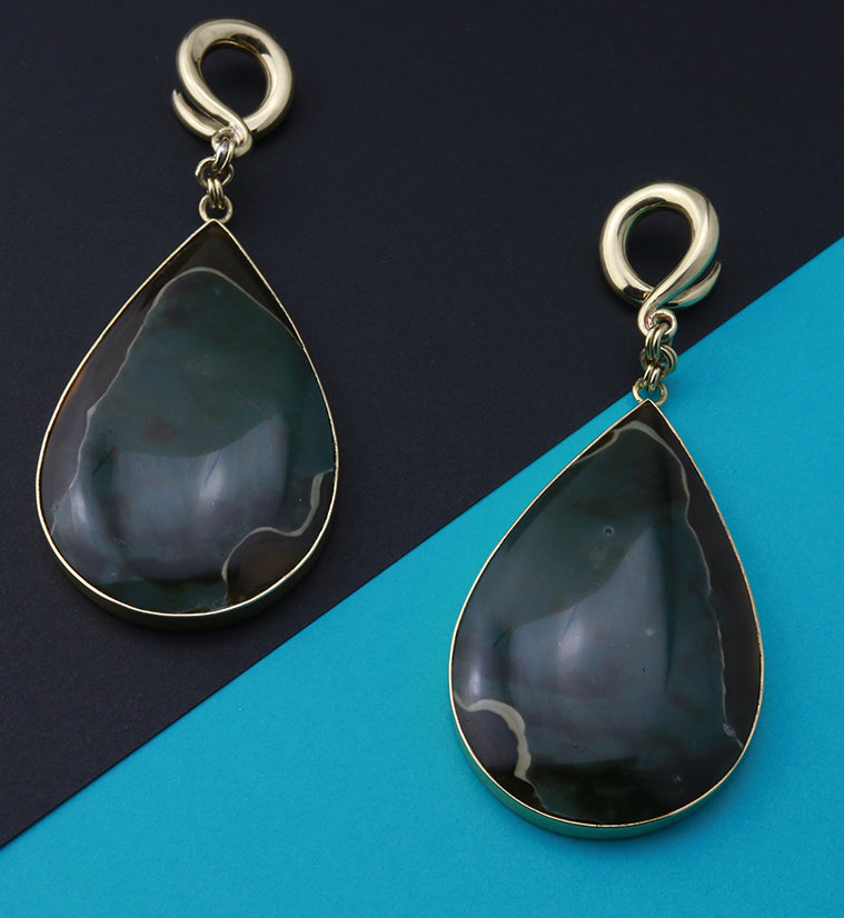 Green Polychrome Jasper Teardrop Brass Ear Weights