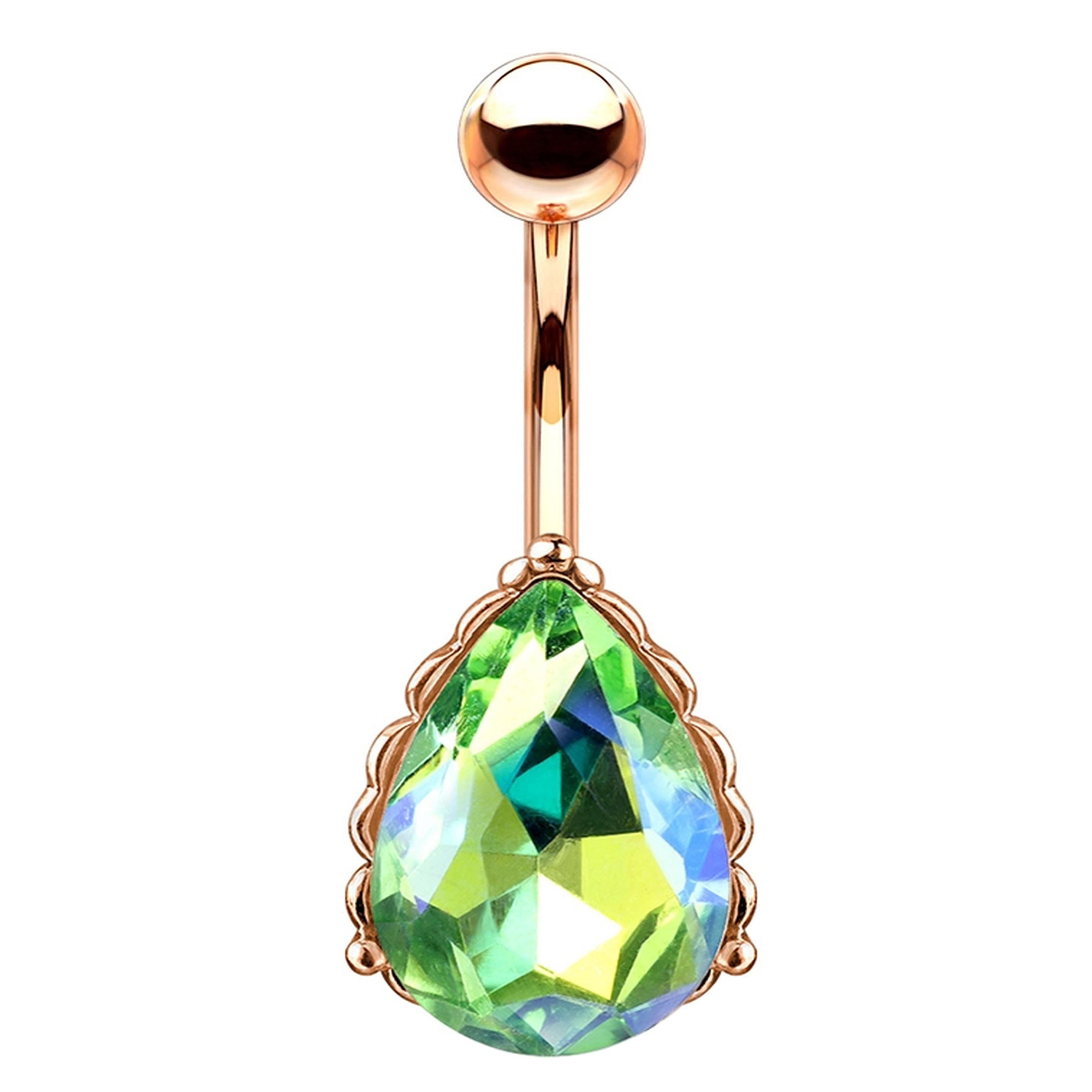 Rose Gold PVD Green Aurora Gem Drop Belly Button Ring