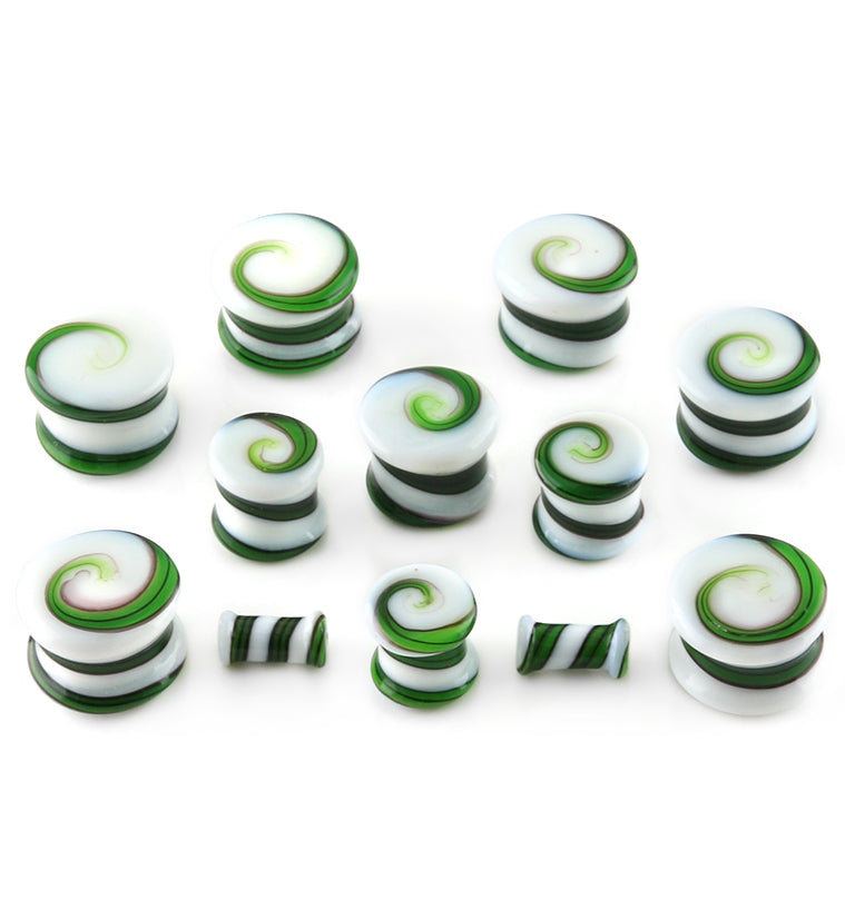 Green & White Swirl Glass Plugs