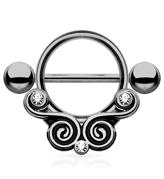 14G Grey Brass Twirl Filigree Barbell Nipple Ring Shield