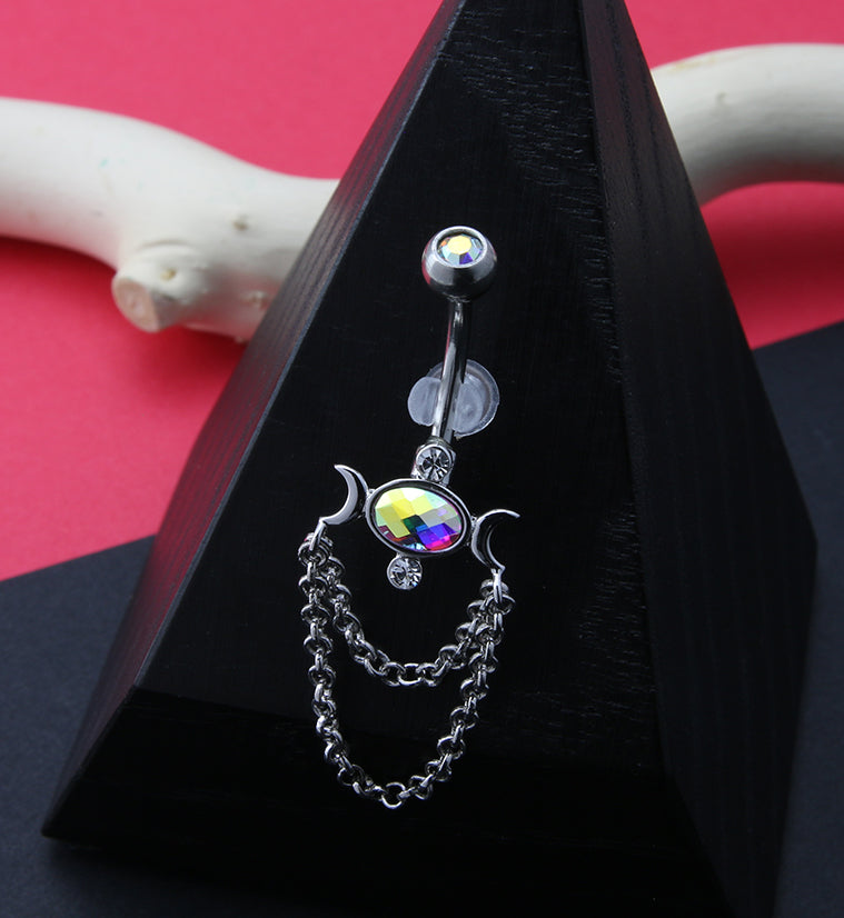 Half-Moon Aura CZ Dangle Chain Belly Button Ring