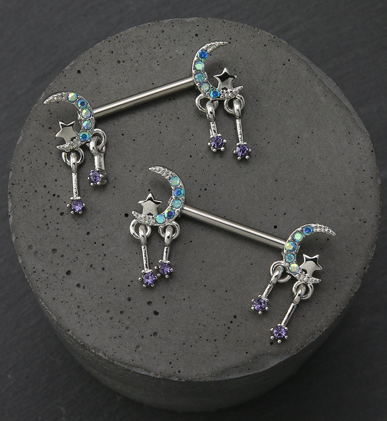 Half Moon Dangle Star Blue Aurora CZ Stainless Steel Nipple Barbell