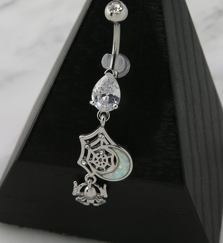 Half Moon Spider White Opalite and CZ Dangle Belly Button Ring