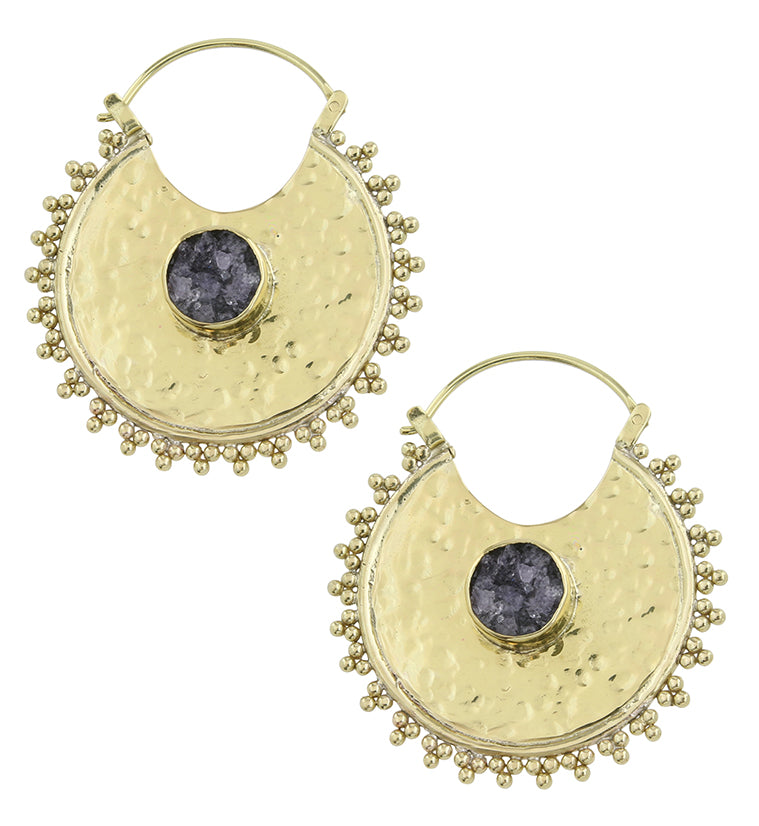 Hammered Bead Amethyst Stone Inlay Brass Hangers / Earrings