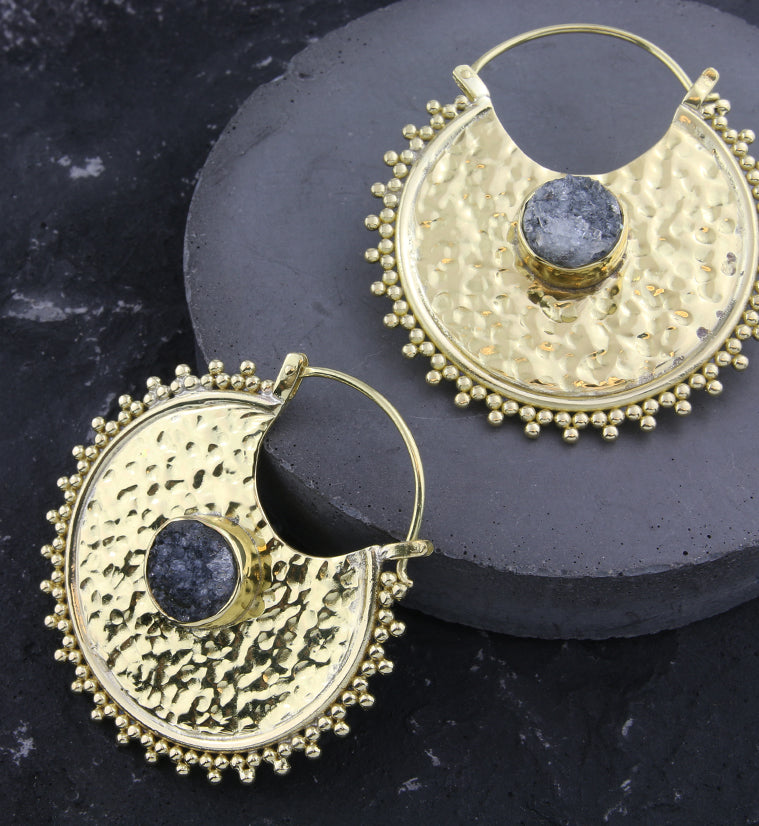 Hammered Beaded Druzy Amethyst Stone Inlay Brass Hangers