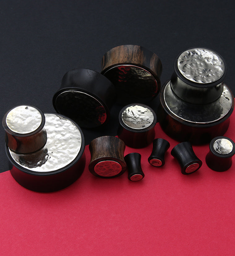 Hammered White Brass Inlay Areng Wood Plugs