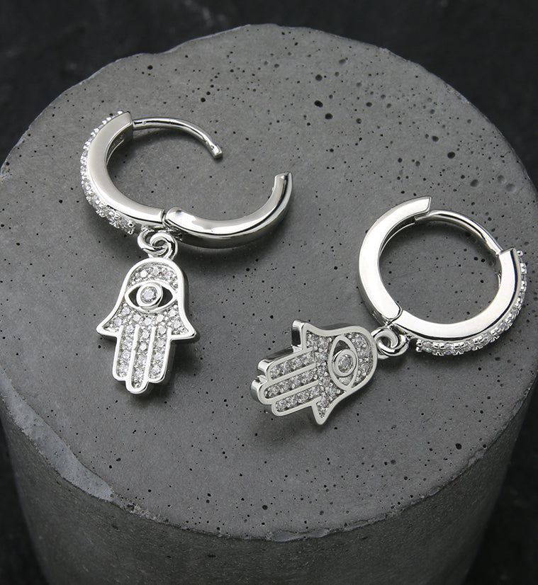 Hamsa Hand CZ Stainless Steel Hoop Earrings