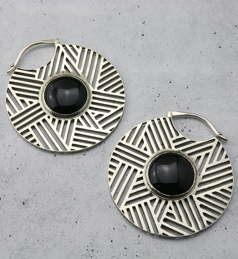 Haphazard Black Obsidian White Brass Ear Weights