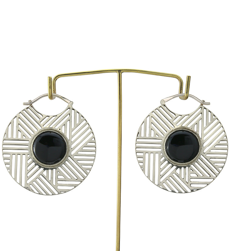 Haphazard Black Obsidian White Brass Ear Weights