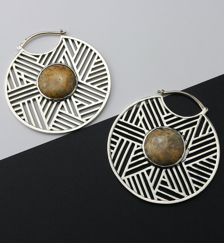 Haphazard Crazy Lace Agate Stone White Brass Ear Weights