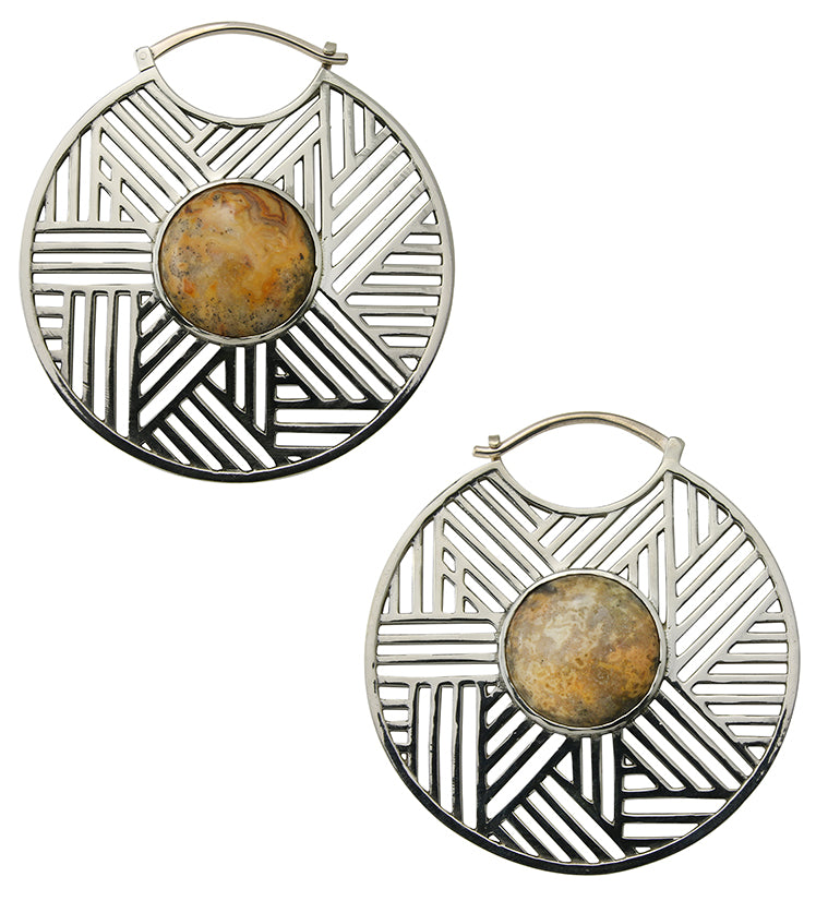 Haphazard Crazy Lace Agate Stone White Brass Ear Weights