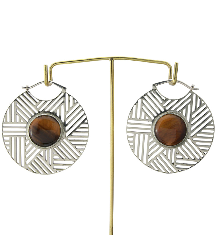 Haphazard Tigers Eye Stone White Brass Ear Weights