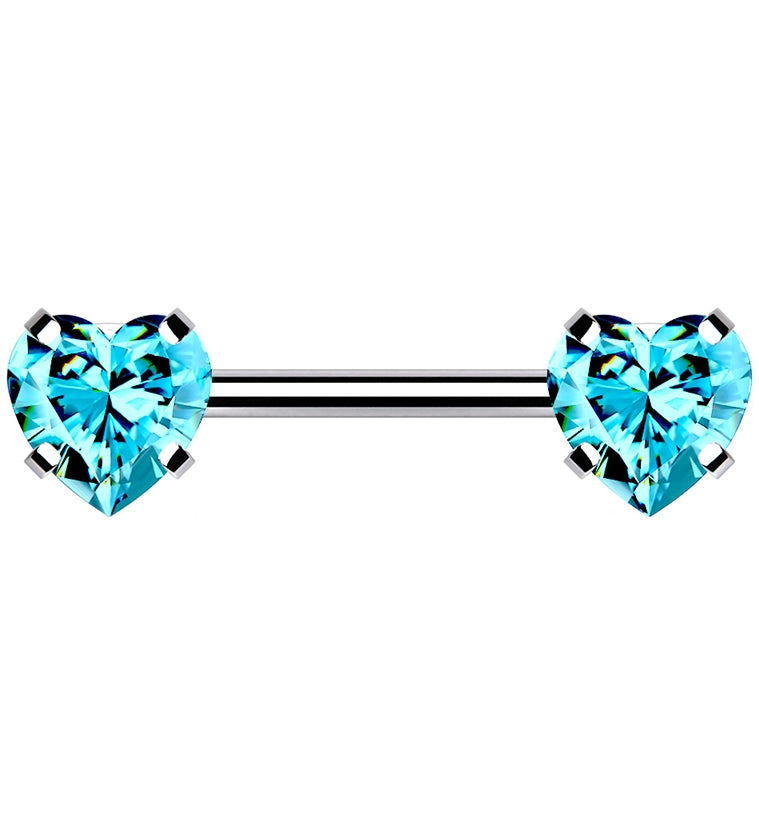 Double Aqua Heart CZ Stainless Steel Threadless Barbell