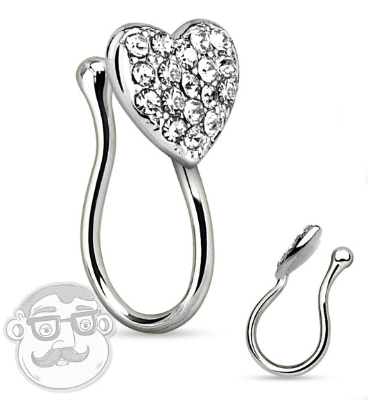 Silver CZ Heart Fake Brass Nose Ring