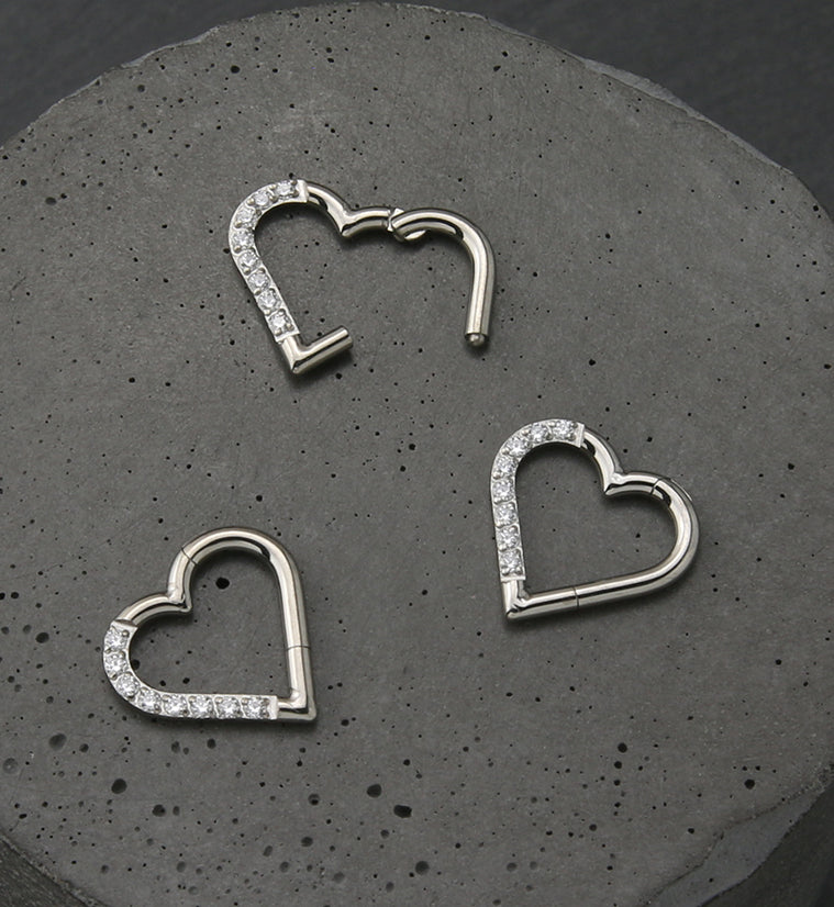 Heart Half CZ Titanium Hinged Segment Ring