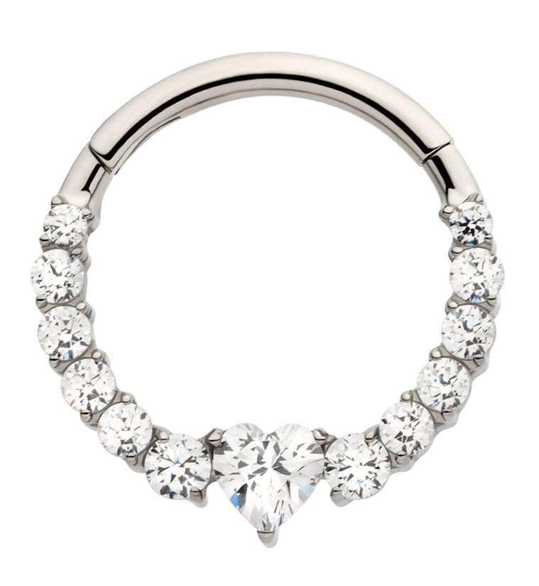 Heart Icicle Clear CZ Titanium Hinged Segment Ring