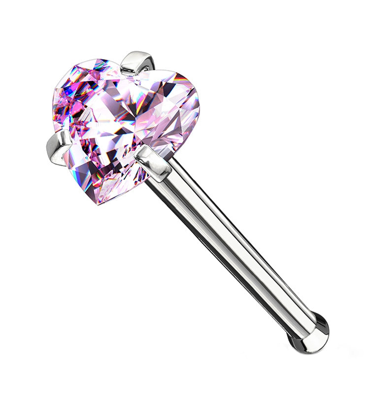 Pink Heart CZ Stainless Steel Nosebone
