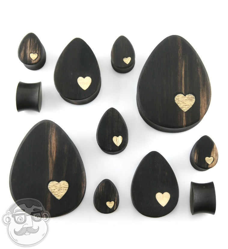 Areng Wood Heart Inlay Teardrop Plugs