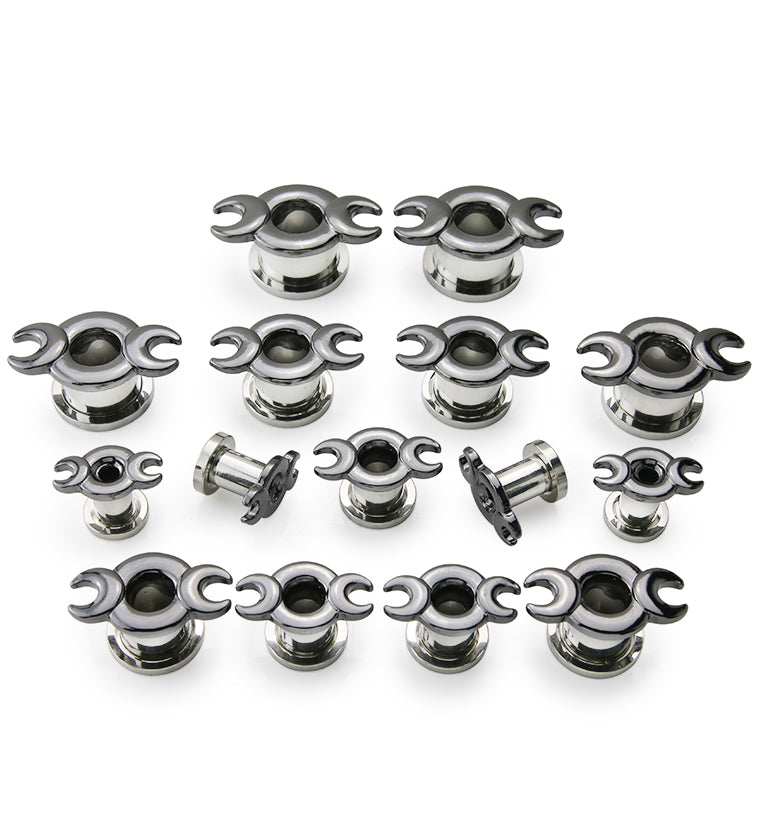 Hematite Crescent Moon Stainless Steel Screw Back Tunnels