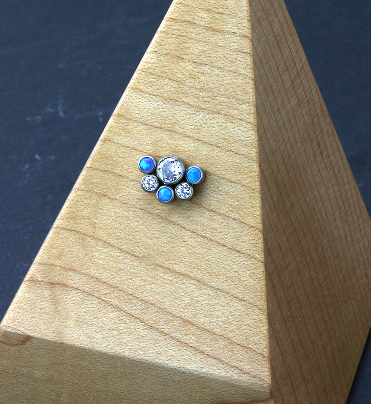 Hexad Blue Opalite Clear CZ Threadless Titanium Top