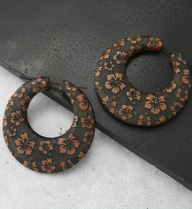 Hibiscus Flower Saba Wood Hoop Earrings