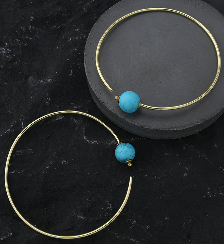 Howlite Turquoise Stone Ball Brass Plug Hoops