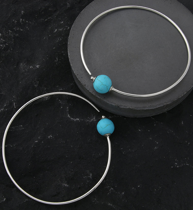 Howlite Turquoise Stone Ball White Brass Plug Hoops