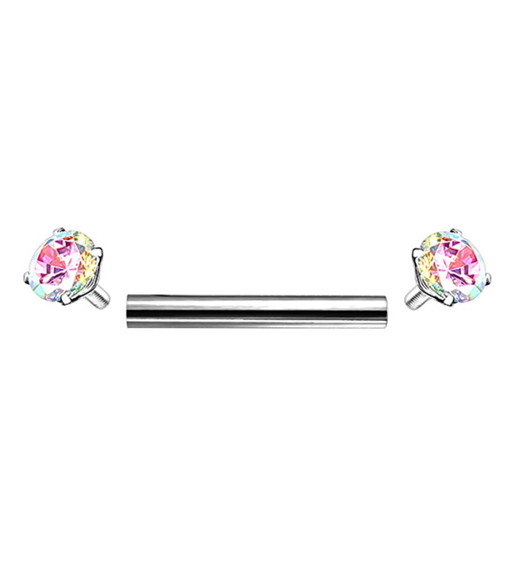 Rainbow Aurora Double Square CZ Prong Set Stainless Steel Barbell