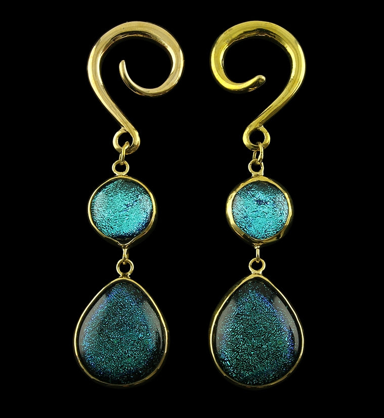 Aquamarine Glitter Double Teardrop Dichroic Glass Brass Ear Weights