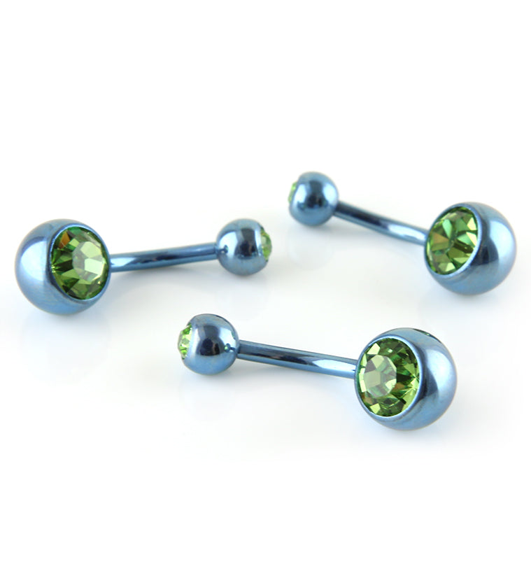 Light Blue Titanium Belly Button Ring - Green CZ Gem