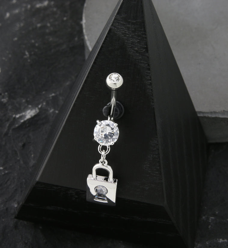 Lock CZ Dangle Stainless Steel Belly Button Ring