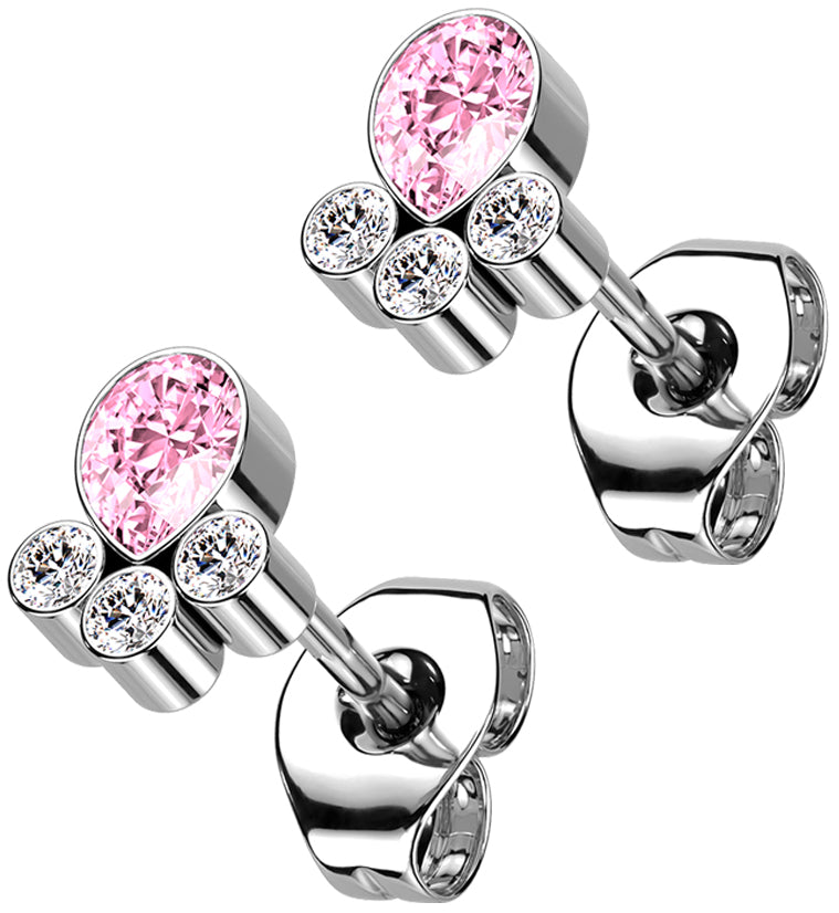 Long Paw Pink CZ Titanium Threadless Earrings
