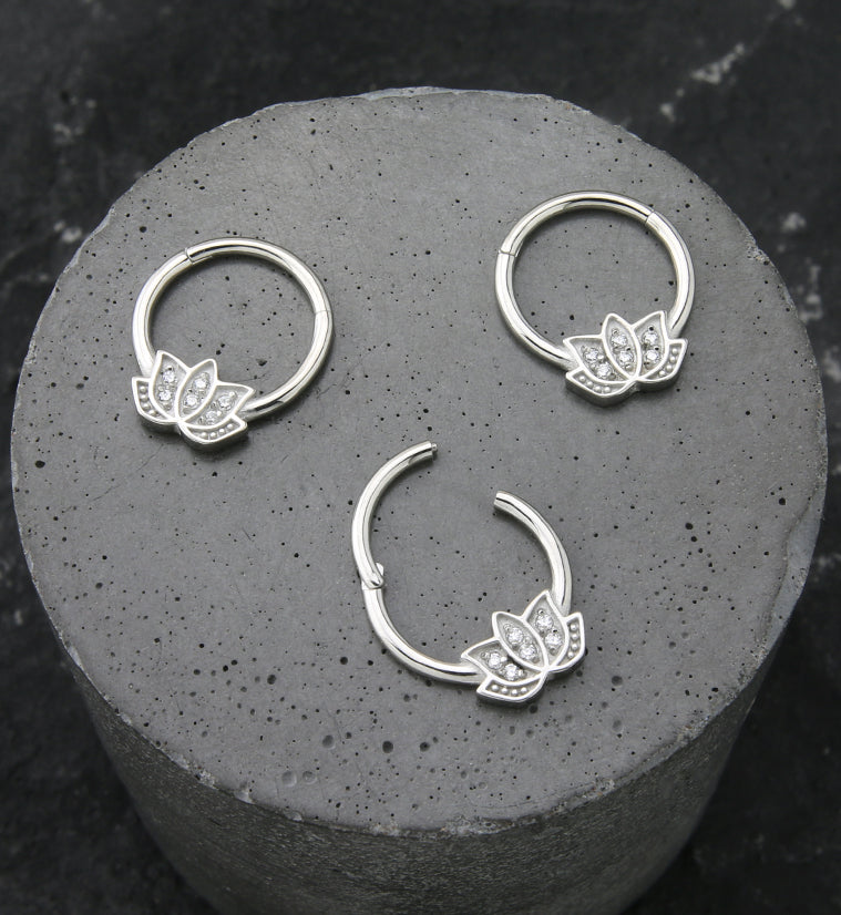 Lotus Flower Clear CZ Stainless Steel Hinged Segment Ring