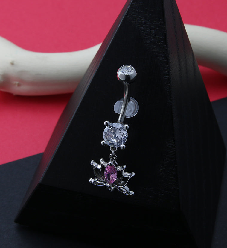 Lotus Flower Pink CZ Belly Button Ring