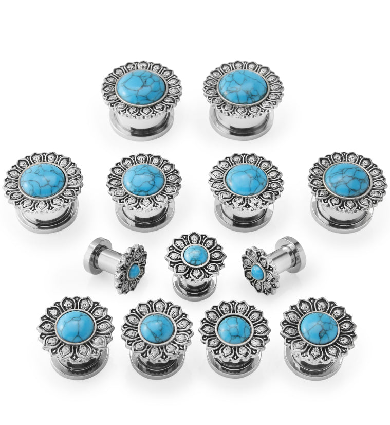 Lotus Flower Turquoise Stainless Steel Tunnel Plugs