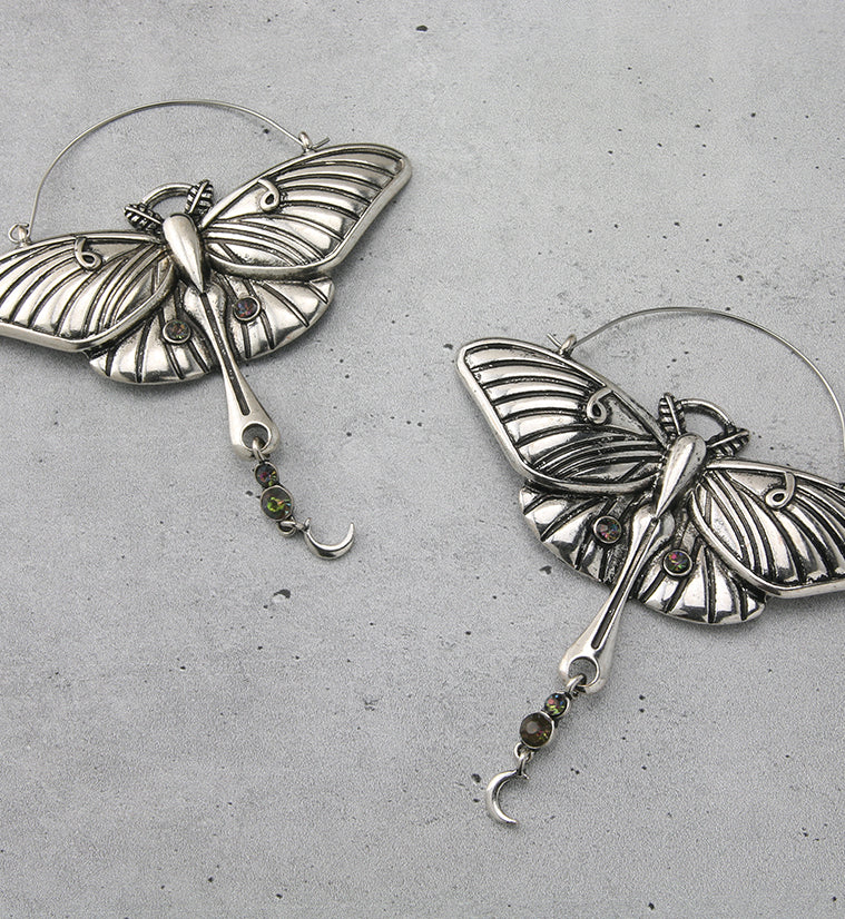 Luna Moth Black Aurora Dangle CZ Plug Hoops