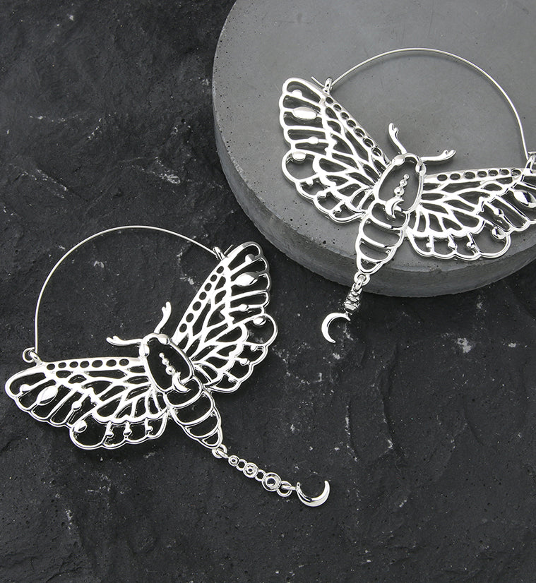 Luna Moth Dangle Moon Stainless Steel Plug Hoops