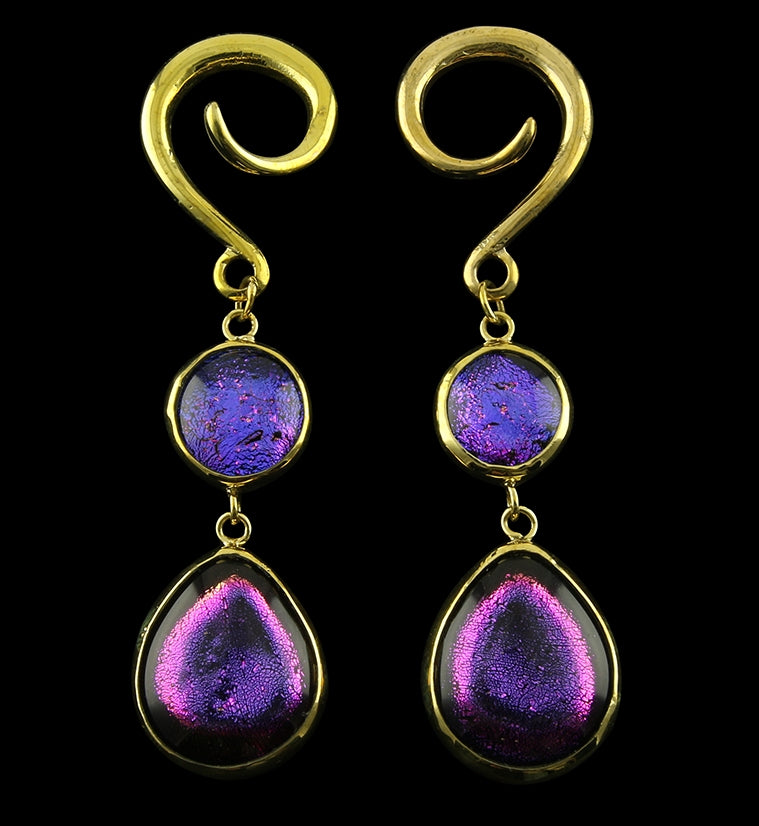 Iridescent Purple Double Teardrop Dichroic Glass Brass Ear Weights