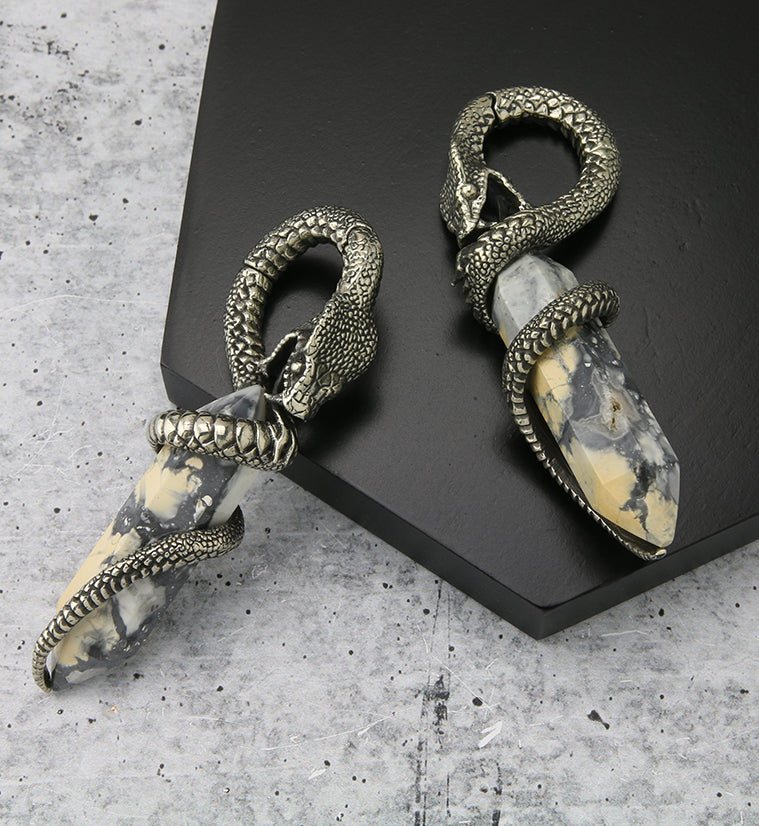 Maligano Jasper Stone Cobra White Brass Hinged Ear Weights
