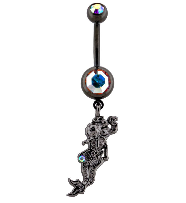 Black PVD Dangle Mermaid Skeleton Rainbow Aurora CZ Belly Button Ring
