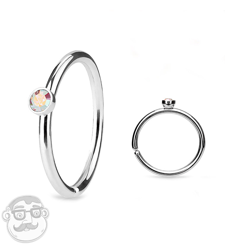 20G Stainless Steel Nose Hoop with Micro Rainbow Aurora CZ Gem