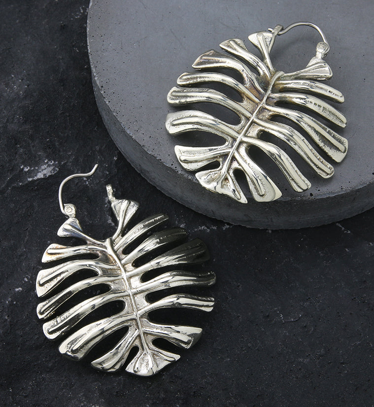 Monstera Deliciosa Leaf White Brass Hangers / Earrings