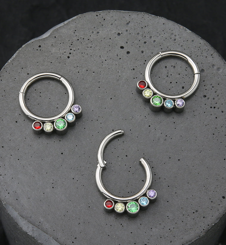 Multi Rainbow CZ Titanium Hinged Segment Ring